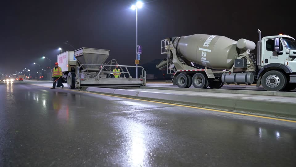 A slipform machine extruding concrete curb and gutter at night under light towers