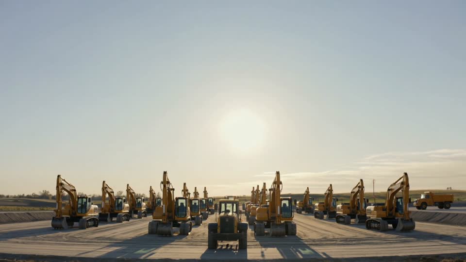 Aerial view at sunrise of a heavy equipment fleet parked in rows on a graded site