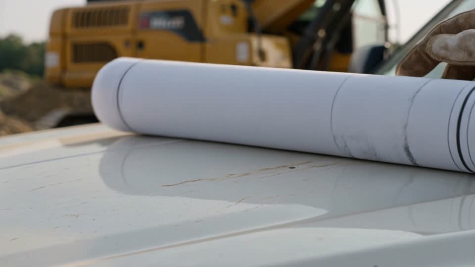 A gloved hand unrolling engineering drawings on the hood of a pickup at a job site